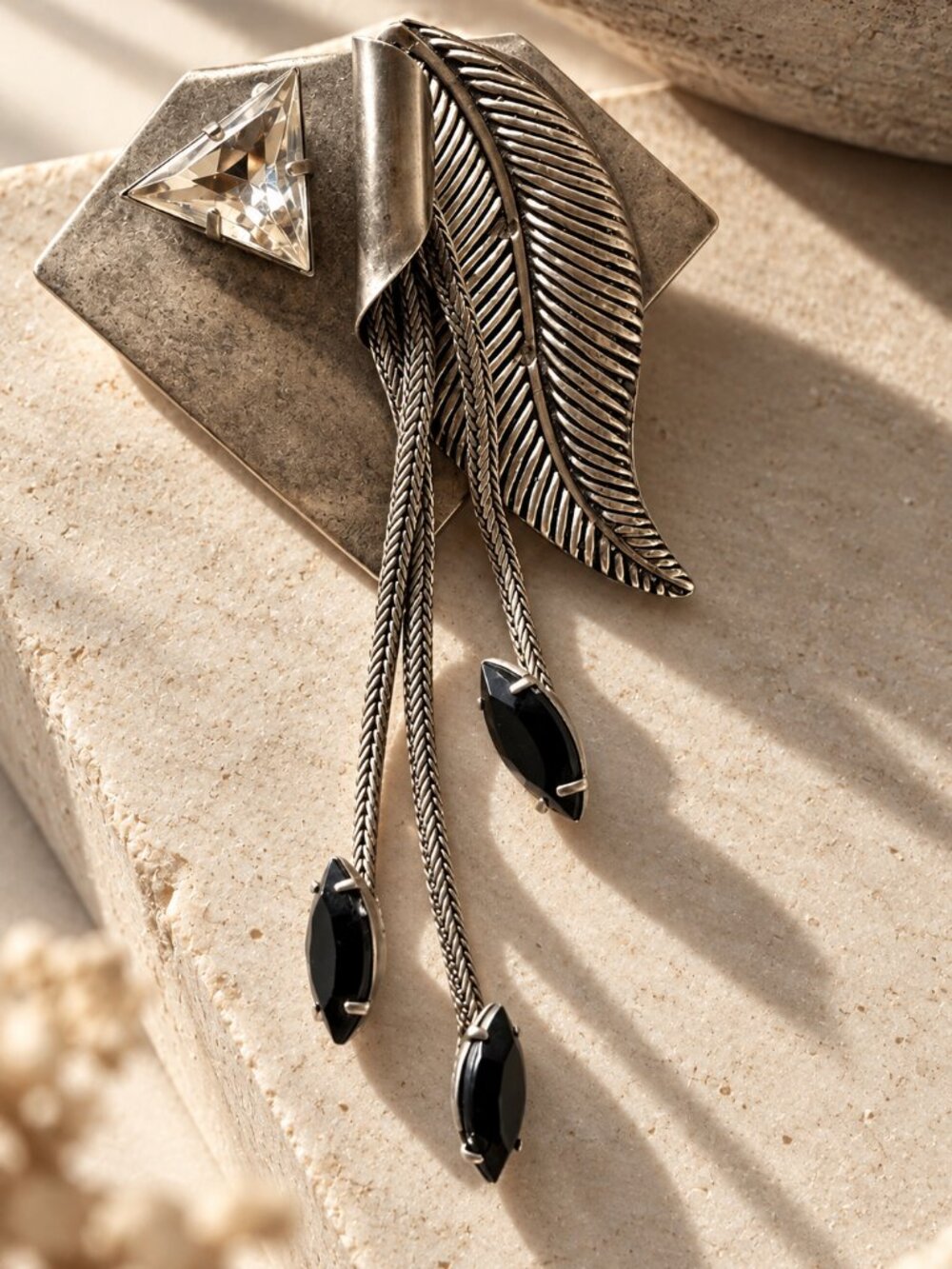 Vintage Statement Brooch — Feather & Fringe, Onyx-Look Stones, Italy Flea Market